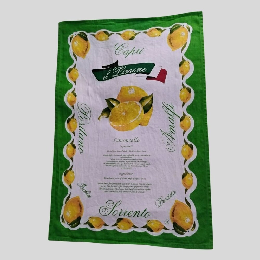 Italian Limoncello Tea Towel, Cotton, Green Yellow, Lemon Citrus, Made in Italy